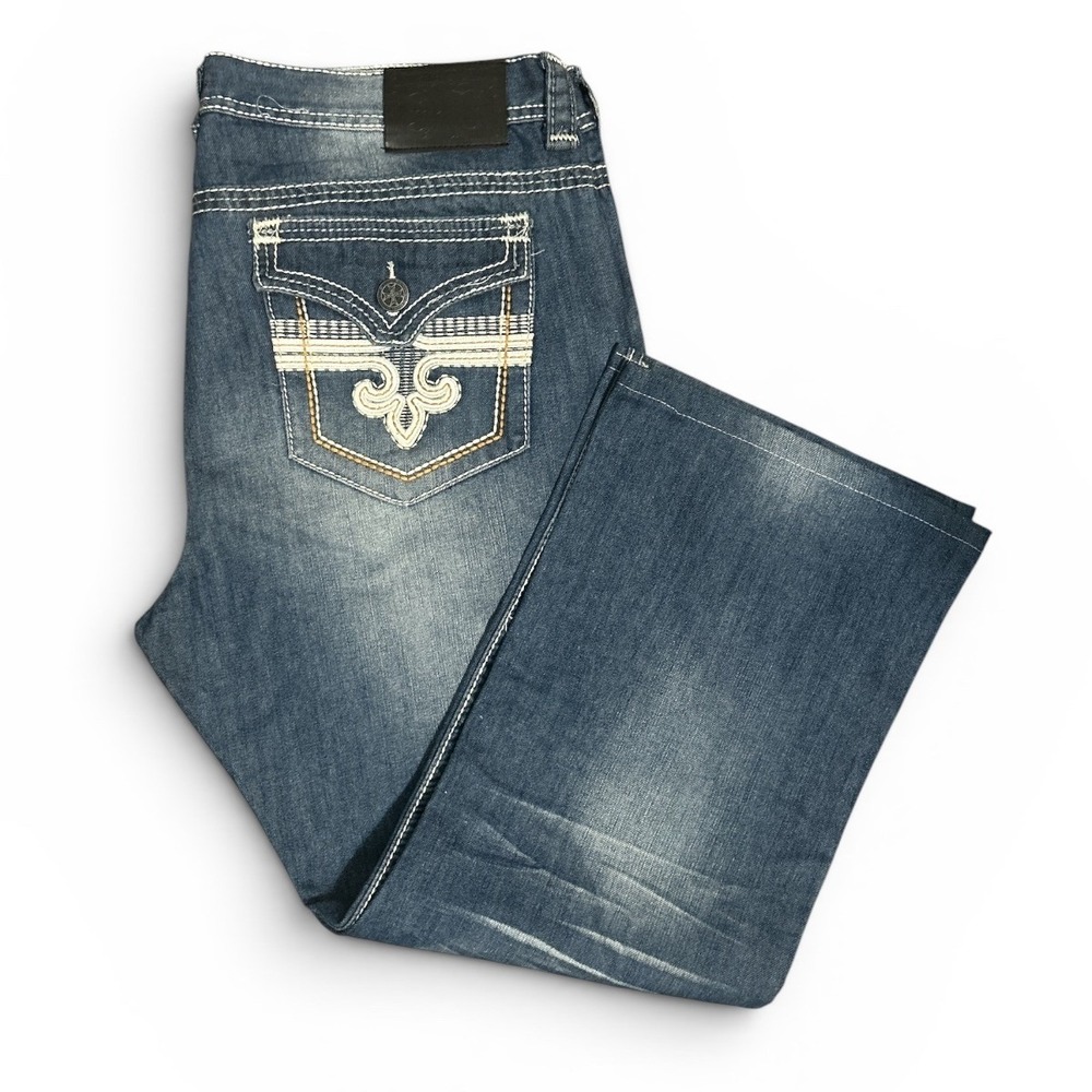 Xtreme Couture Mens Bootcut Jeans Blue Thick Stitch Embroidered 38 XCB105
